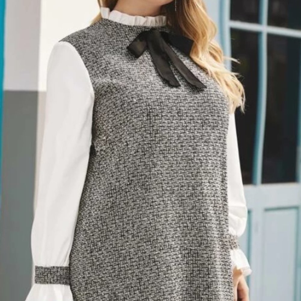 Shein Plus Frill Neck Raw Hem Tweed Tunic Dress